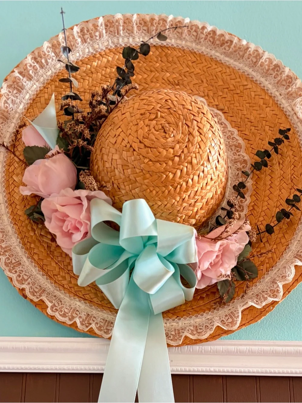 Handmade Farmhouse Rustic Straw Sun Hat with Pink Flowers & Mint Bow